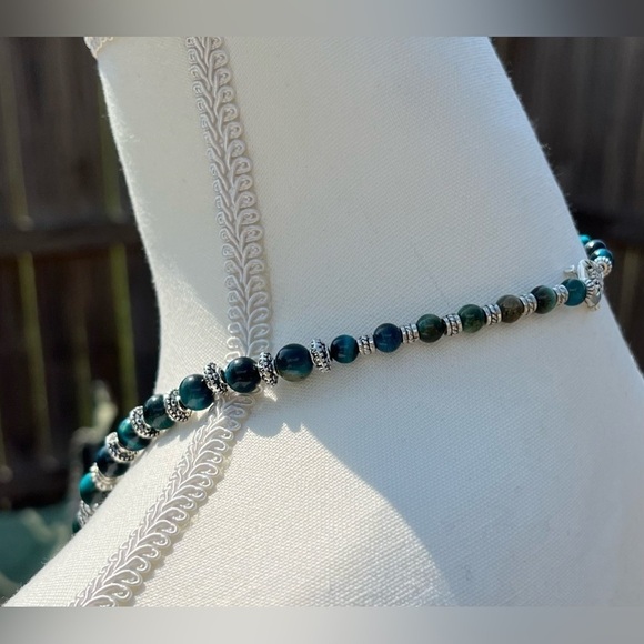 Blue Tigers Eye and Silver Necklace and Earrings Set Handmade - Picture 11 of 16